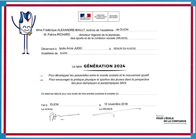 A LA UNE : (EPS) LE LABEL "GENERATION 2024" DECERNE AU LYCEE ANNA JUDIC...